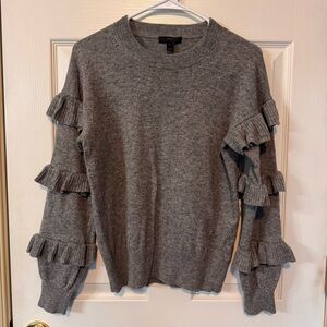 J.CREW Women's Pullover Sweater Size XS Crew Neck Ruffle Sleeves Wool Blend Gray